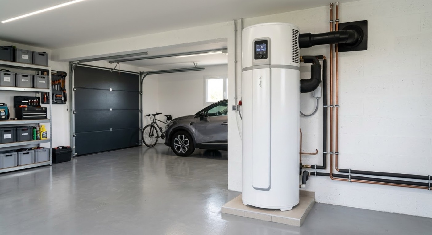 Ballon thermodynamique installé dans un garage