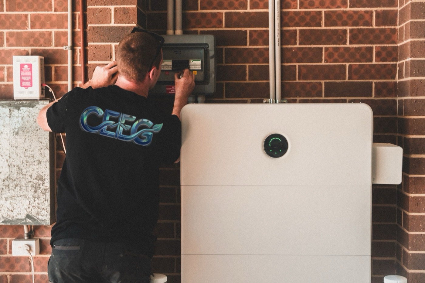 Installateur devant une batterie de stockage solaire fixée au mur